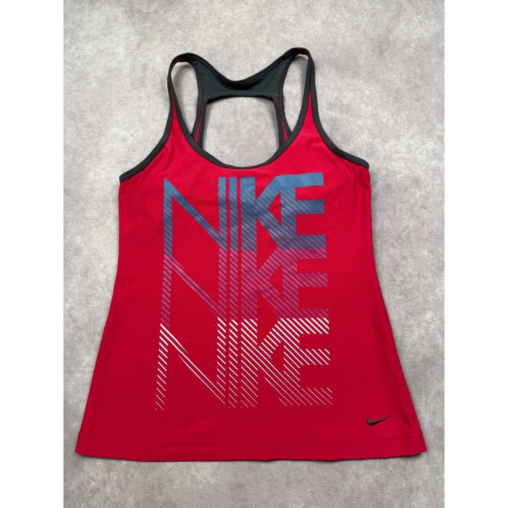 Nike Dri-Fit Women M‎ (8-10) Red Racerback Tank Top Built In Bra Graphic Gym Run